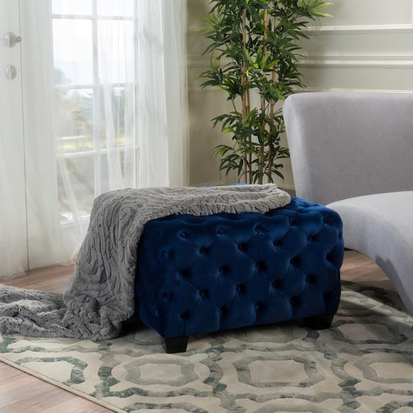 Button Tufted Navy Blue Velvet Upholstered Square Accent Ottoman