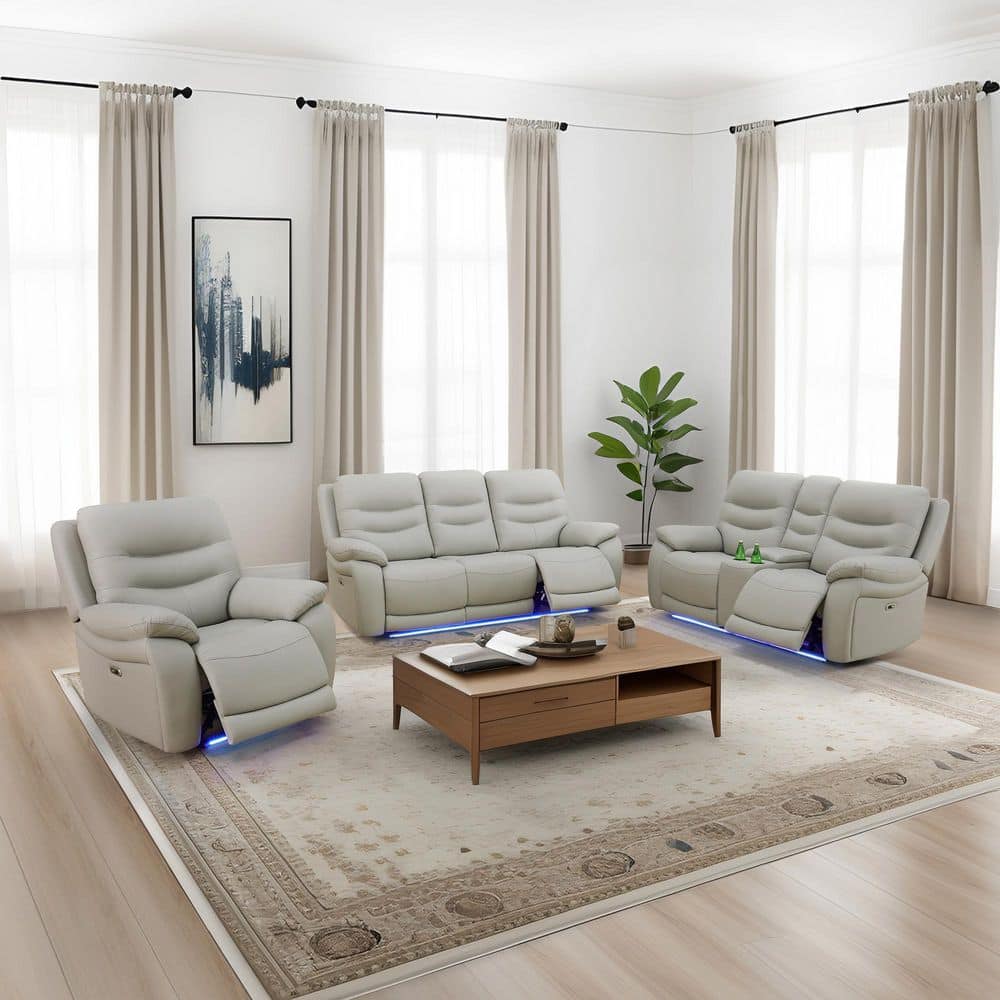 203 in. Gray Pillow Top Arm Leather Power Reclining Sofa Set, Rectangle 6-Seat Home Theater Seating with Storage