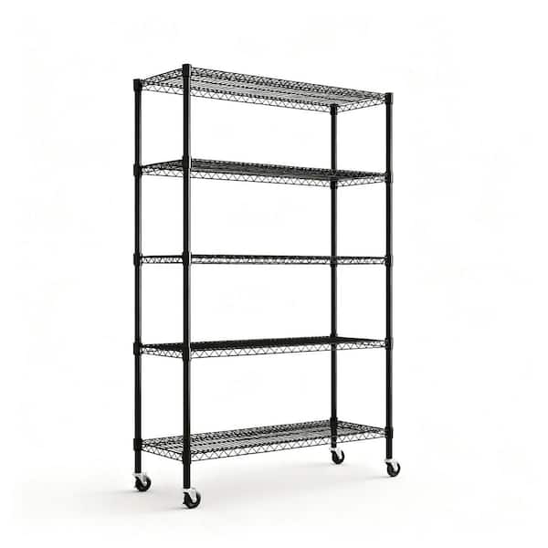 Nia Metal Wire 5-Tier Adjustable Shelving Unit in Black with Swivel Wheels (47.25 in. W x 17.72 in. D x 74.00 in. H)