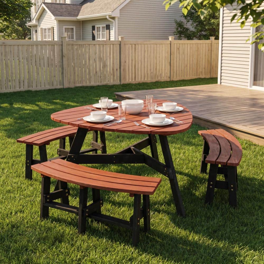 Brown 6-Person Semi-Circular Outdoor Wood Picnic Table Set with 3 Attached Built-in Benches& Umbrella Hole price history on PriceWatchPro