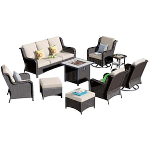 New Kenard Brown 9-Piece Wicker Patio Fire Pit Conversation Set with Beige Cushions and Swivel Rocking Chairs