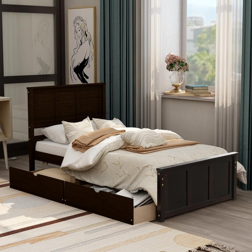 URTR 42.7 in. W Espresso Wood Frame Twin Size Platform Bed, Twin