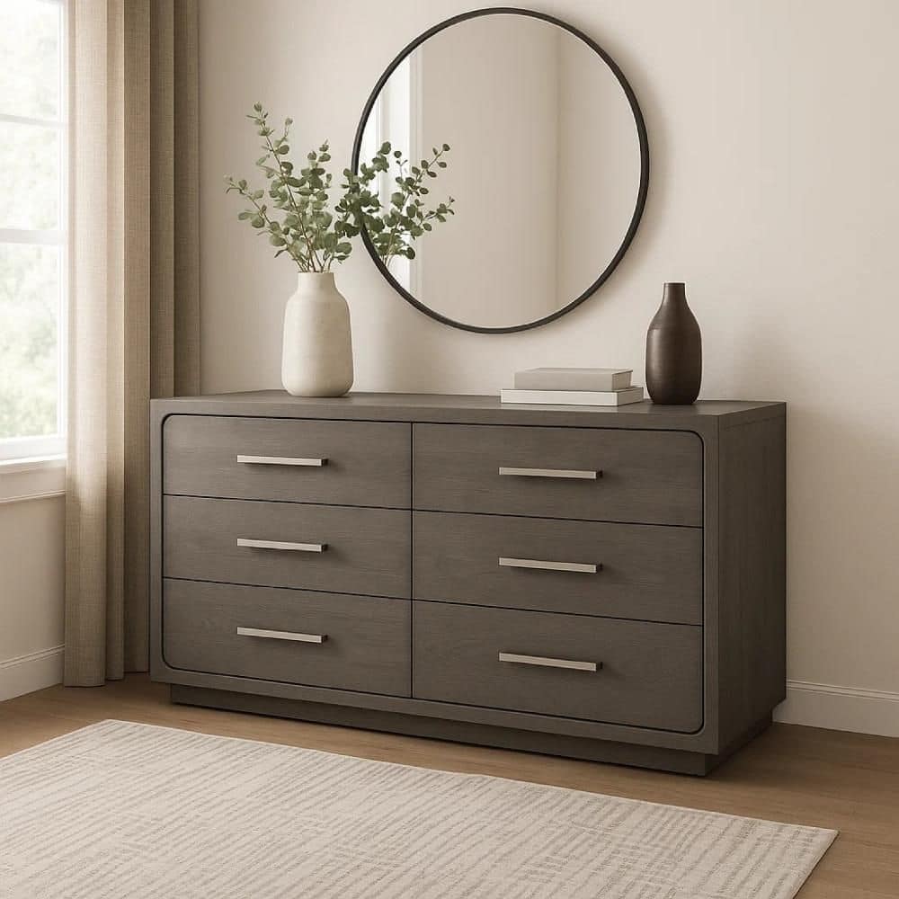 n*2様 Drawer コットンサロペット　定価61600円　グレー　サイズ36 Benjara Thorne Warm Gray and Nickel 6 Drawer 62 in. Dresser