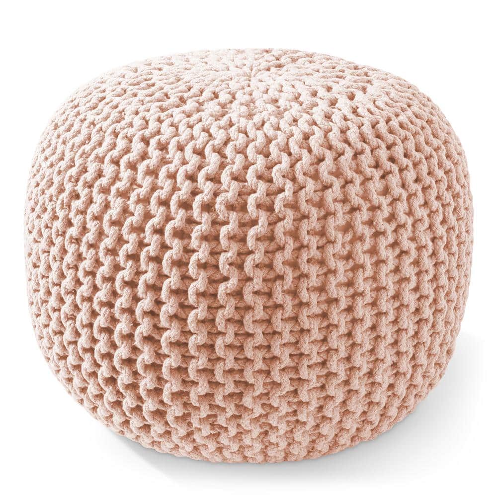 Light Pink Cotton Knit Round Pouf Ottoman