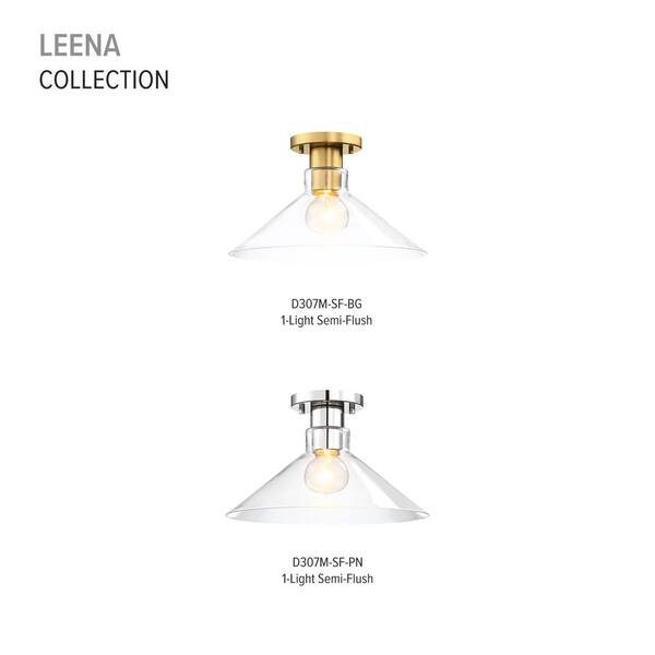 Designers Fountain - Leena 14 in. 1-Light Brushed Gold Contemporary Entryway Semi-Flush Mount with Clear Glass Shade