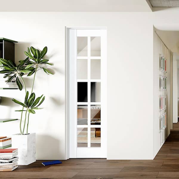 24 in. x 80 in. 10 Lite, Mirrored Glass, White Primed, MDF Prehung Interior Door Right-Handed Door Jamb and Hardware