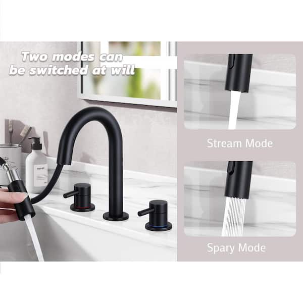Double Handles 8 in. Widespread Bathroom Sink Faucet 3-Hole with Pull Out Sprayer in Matte Black