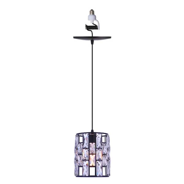 Worth Home Products Instant Pendant Light 6 In. Matte Black Recessed Light Conversion Kit with Cylinder Crystal Shade