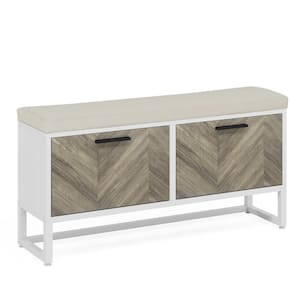 23.8 in. H x 39.4 in. W White Wooden Shoe Storage Bench with Cushion, adjustable Shelves and Flip Drawers
