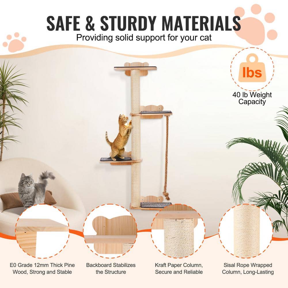 Natural Pine Wood Multi-Level Cat Wall Shelf Set