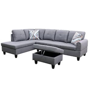 StarHomeLiving 66.5 in. W Round Arm 3-Piece Linen Rectangle Sectional Sofa in Gray