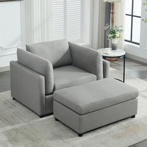 Harper & Bright Designs 50.4 in. Pillow Top Arm Linen Rectangle Modern Oversized Single Sofa in. Light Gray with Ottoman