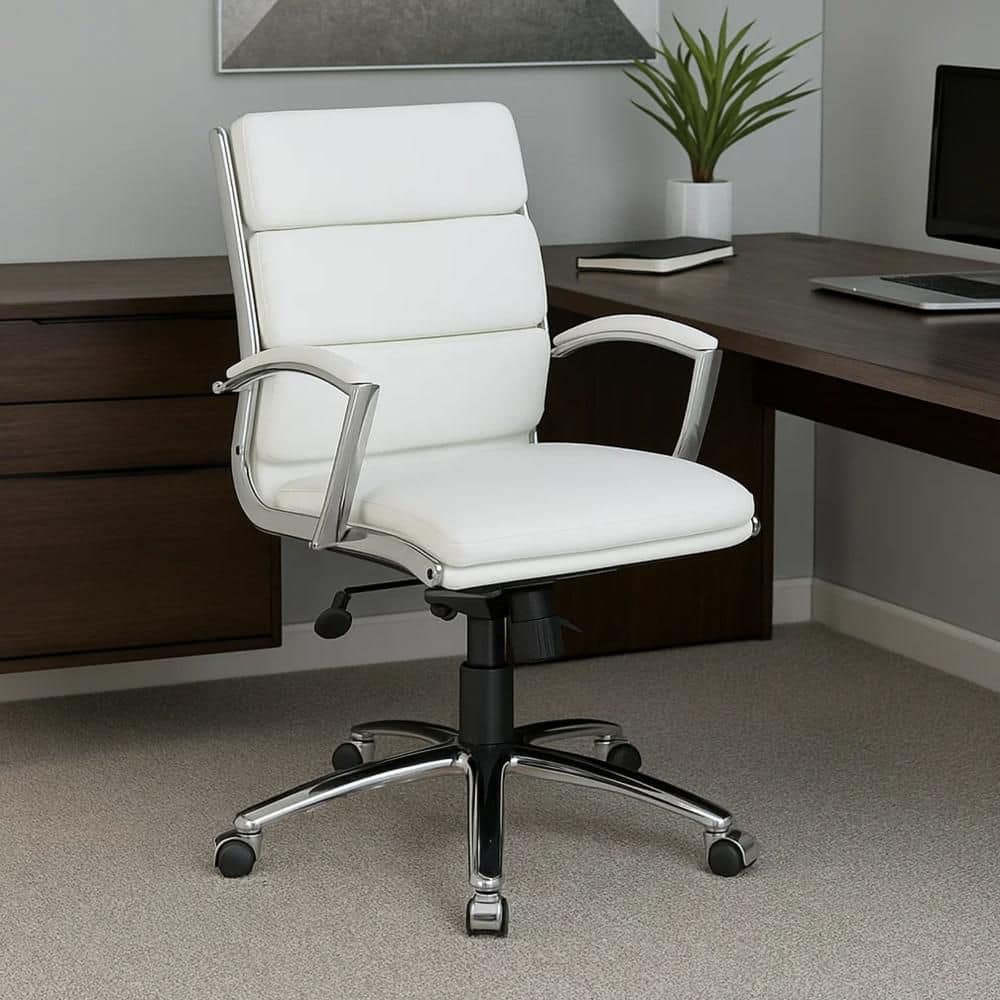Benjara Dave Vinyl Swivel Executive Chair in White and Chrome with