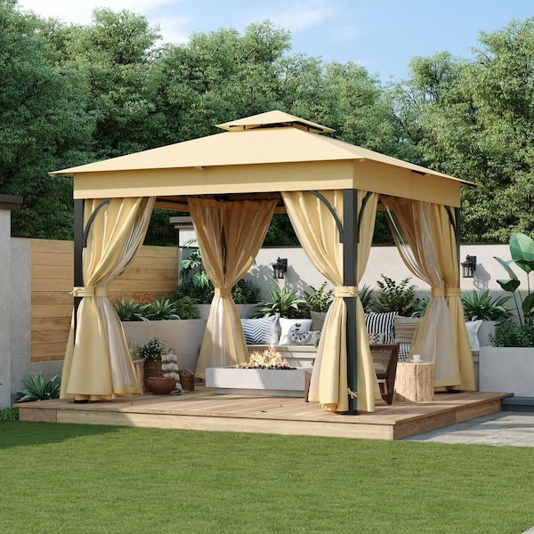 10 ft. x 10 ft. Beige Steel Frame Outdoor Gazebo with Dual-Roof and Mosquito Netting for 4-8 people