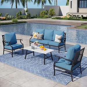 Black 5 Seat 4-Piece Metal Steel Outdoor Patio Conversation Set with Denim Blue Cushions, Table with Marble Pattern Top