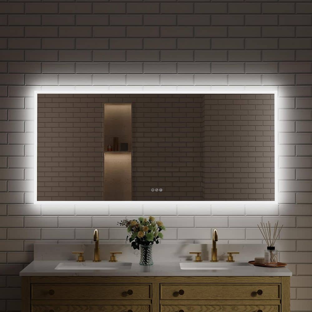 WELLFOR 60 in. W x 28 in. H Rectangular Frameless Anti-Fog LED