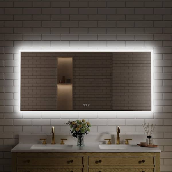 60 in. W x 28 in. H Rectangular Frameless Anti-Fog LED Light Wall Bathroom Vanity Mirror Frontlit and Backlit