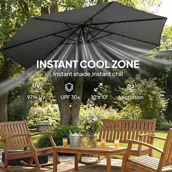LATTOY 10 ft. x 8 ft. Steel Solar Cantilever Patio Umbrella with LED  Lights, Cross Base and Cover in Dark Gray HD2-C-U1952