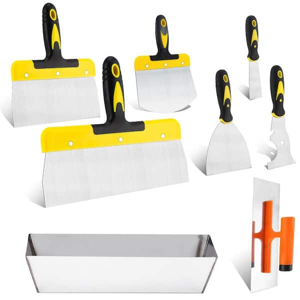 8-Piece Stainless Steel Drywall Hand Tool Kit Includes Taping Knives Putty Knives Finishing Trowel Mud Scoop and Mud Pan