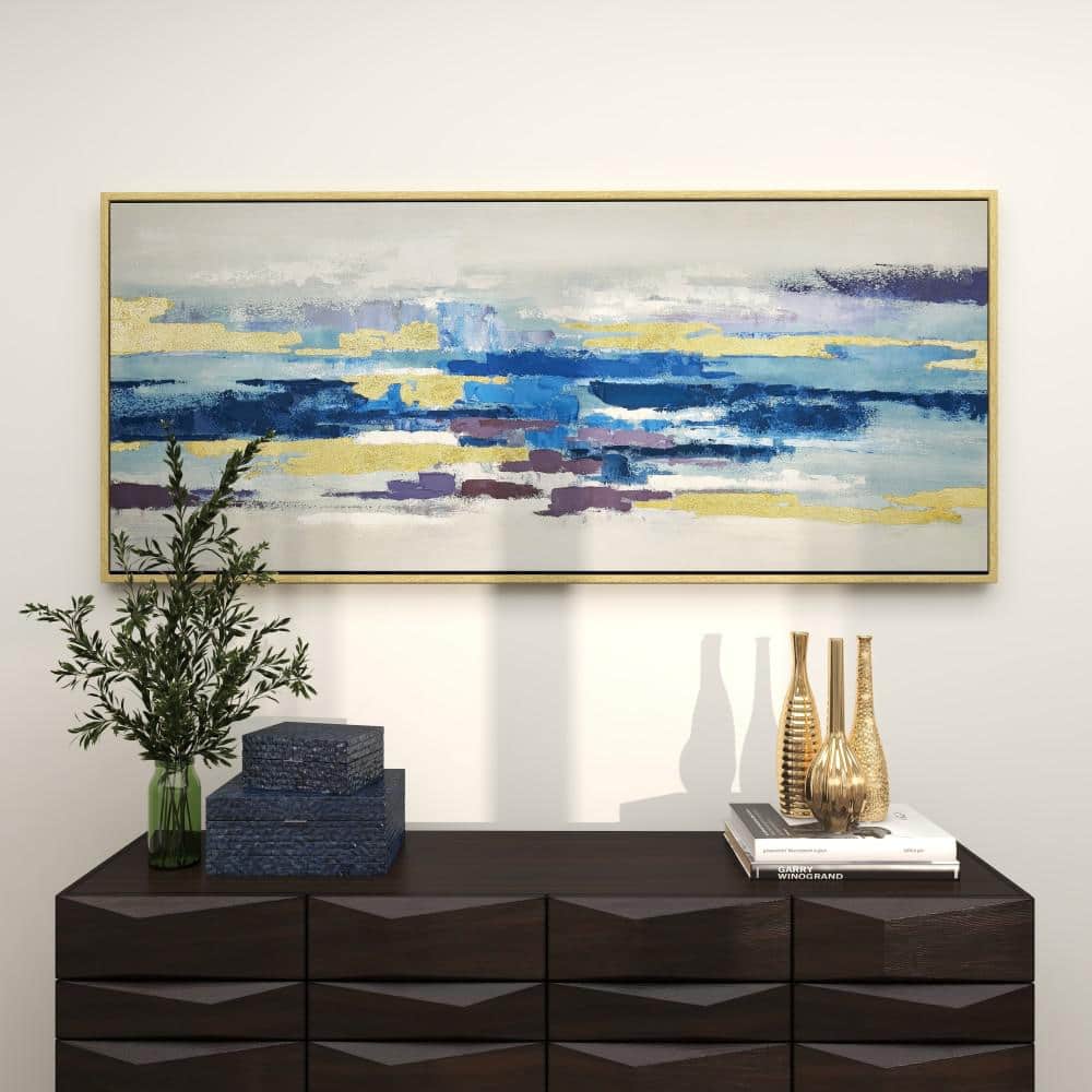Large Blue and Gold Abstract Canvas Art with Gold Frame