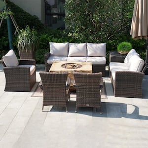 7-Piece Wicker Patio Conversation Set with Beige Cushions and Firepit Table