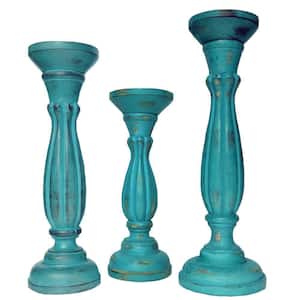 Turquoise Blue Handmade Wooden Candle Holder with Pillar Base Support (Set of 3)