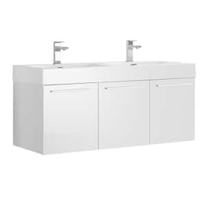 Vista 48 in. Modern Wall Hung Bath Vanity in White with Double Vanity Top in White with White Basins