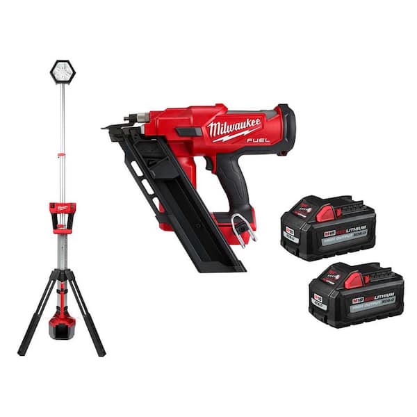 Milwaukee M18 18-Volt Lithium-Ion Cordless Tower Light w/3-1/2 in. 30-Degree Nailer, Two 6Ah HO Batteries
