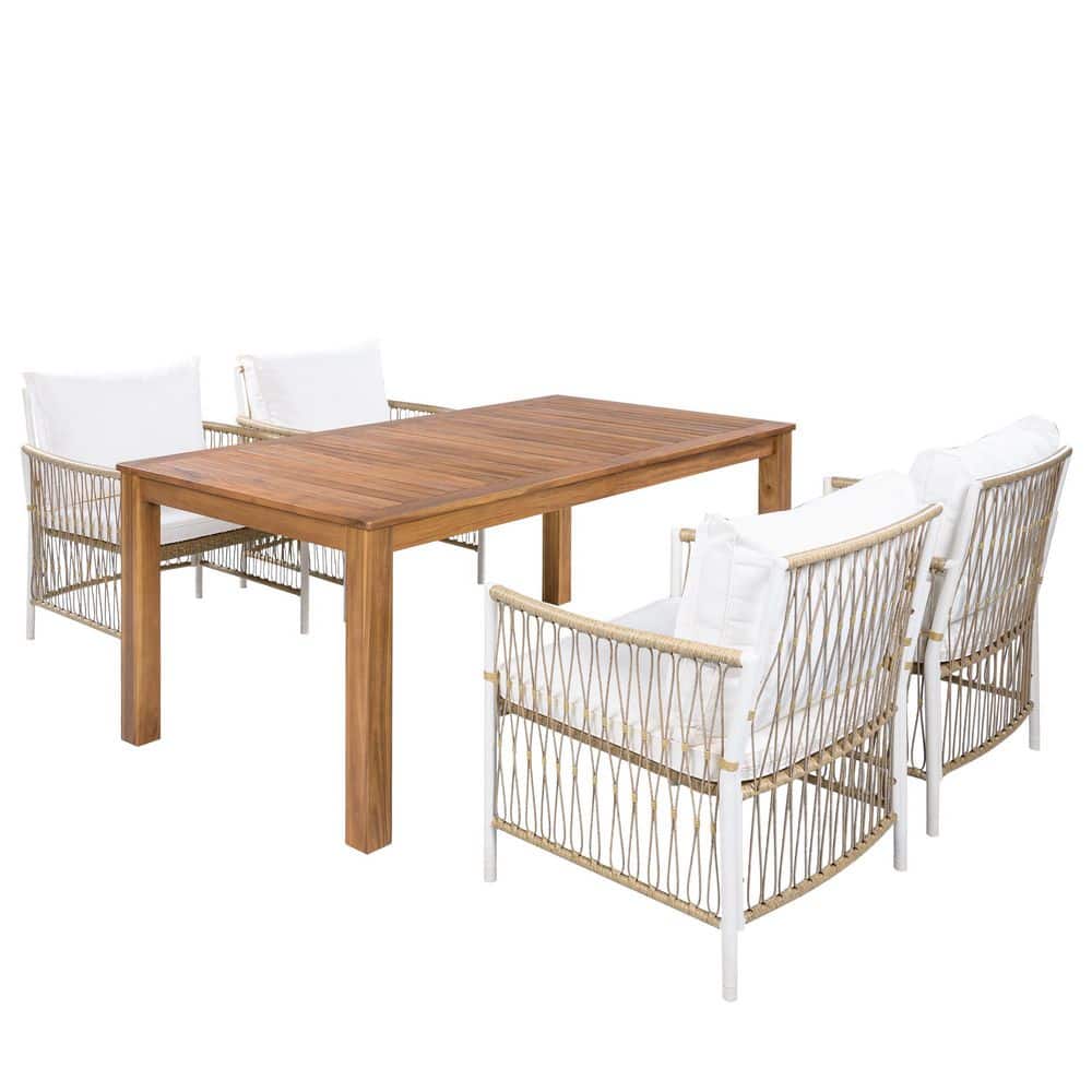 Teak 5-Piece Wood Outdoor Dining Set with Beige Cushion for Poolside, Backyard, Garden price history on PriceWatchPro