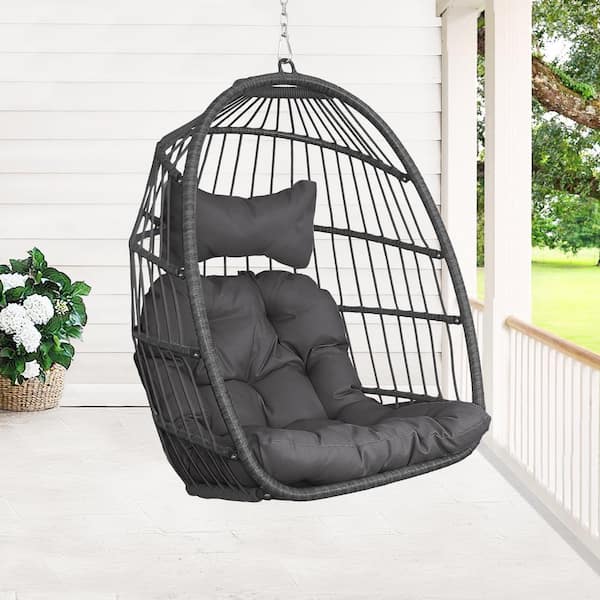 FINCATI Foldable 265 lbs. 1-Person Gray Wicker Porch Swing Egg Chair with Dark Gray Cusions