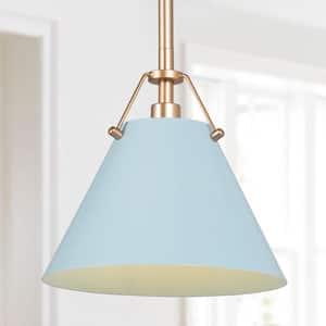 Modern Grey Blue Island Pendant Light with Linear Gold Downrod 1-Light Glam Hanging Ceiling Light for Dining/Living Room