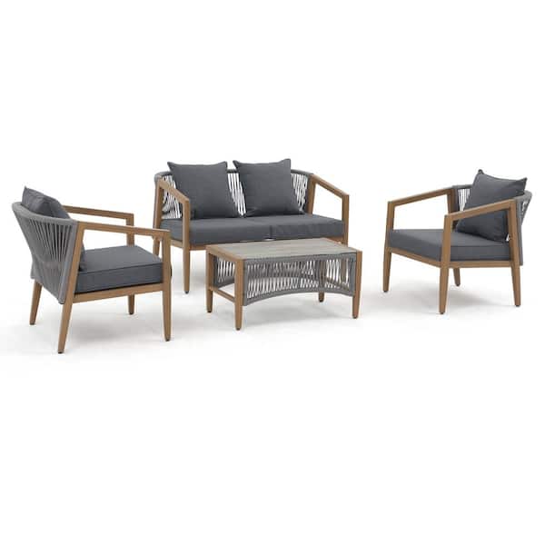 JARDINA 4-Piece Aluminum Outdoor Patio Conversation Set with Wood Grain Coffee Table, Grey Cushions