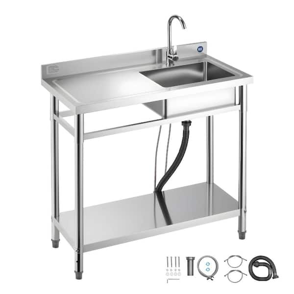 Stainless Steel Utility Sink, Freestanding Single Bowl w/ Left Drainboard, Faucet & H/C Lines, 39.4 x 19.7 x 37 in