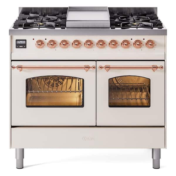 ILVE Nostalgie II 40 in. 6 Burner+Griddle Freestanding Double Oven Dual Fuel Range in Antique White with Copper