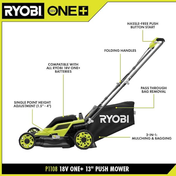 RYOBI ONE+ 18V 13 in. Cordless Battery Walk Behind Push Lawn Mower
