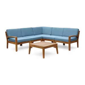 Grenada Teak Brown 6-Piece Wood Patio Conversation Set with Blue Cushions