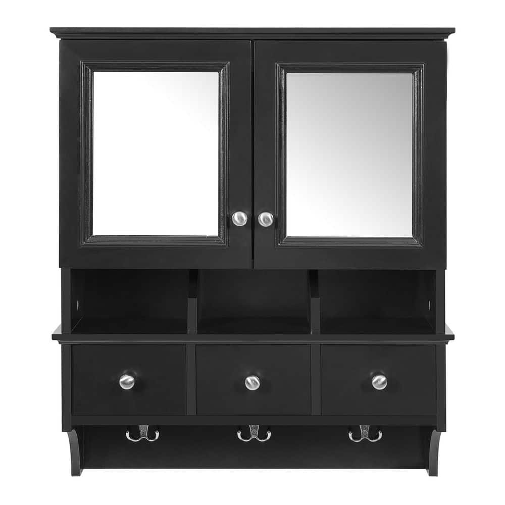 Black 24 in. W x 28.75 in. H Rectangular Wood Medicine Cabinet with Mirror, 3 Drawers and 3 Hooks price history on PriceWatchPro