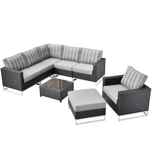Aries Black 8-Piece No Assembly Wicker Outdoor Patio Conversation Sectional Sofa Set with Striped Dark Gray Cushions