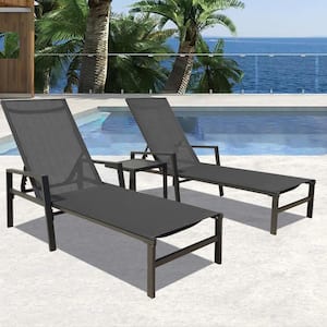 3-Pieces Aluminum Frame Outdoor Patio Chaise Lounge Chair Table Set Lawn Beach Pool Side in Gray (Set of 2)