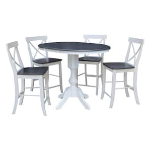 Set of 5-pcs - White/Heather Gray 36 in. Round Extension Dining table with 4 bar Height stools
