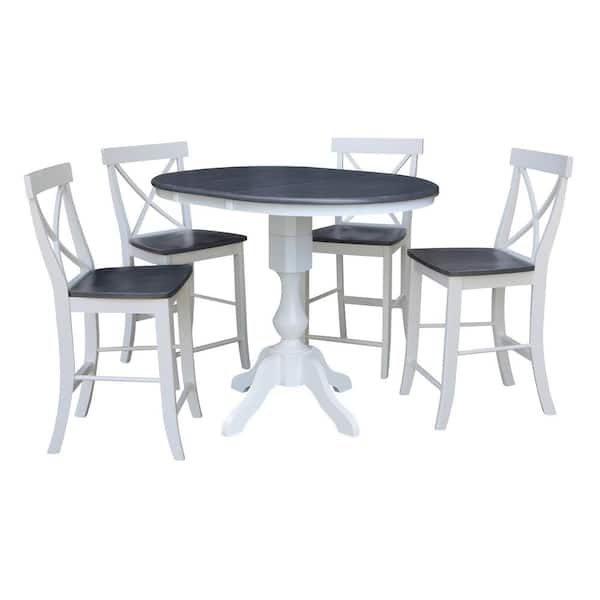 International Concepts Set of 5-pcs - White/Heather Gray 36 in. Round Extension Dining table with 4 bar Height stools