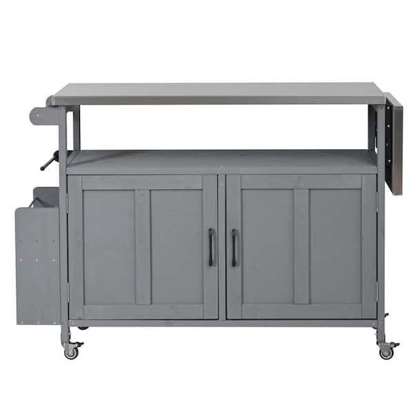 40 Gal. Foldable Outdoor Kitchen Island with Deck Box, Lockable Wheels and Storage Cabinet, Grey Fir Wood