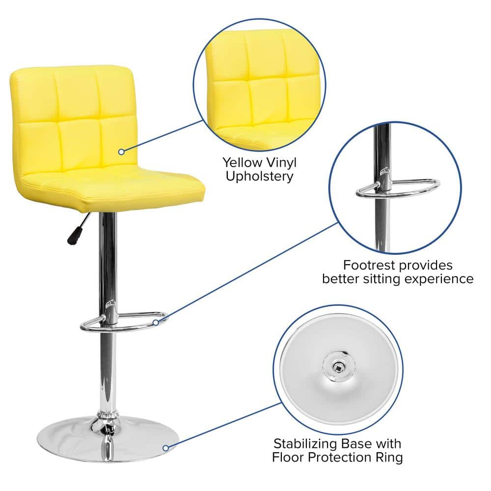Yellow Quilted Adjustable Height Swivel Barstool with Chrome Base