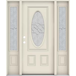 60 in. x 80 in. Right-Hand 3/4 Oval Brevard Decorative Glass Primed Fiberglass Prehung Front Door w/Sidelites