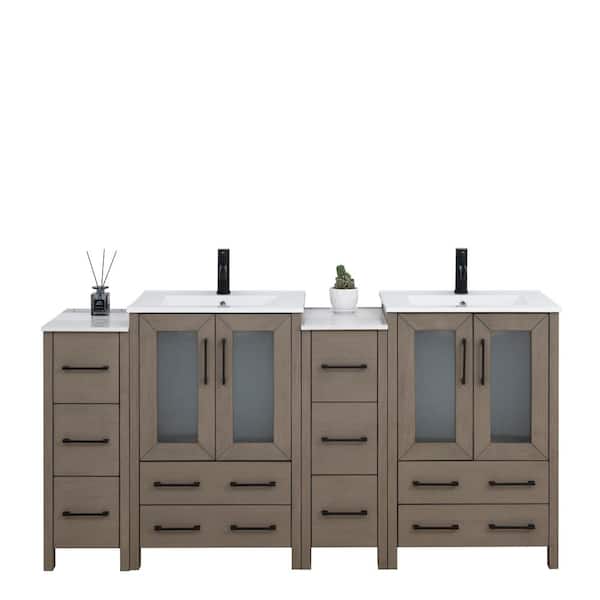 72 in. W x 18.1 in. D x 35.8 in. H Double Basin Driftwood Gray Bath Vanity with White Ceramic Top and Mirror