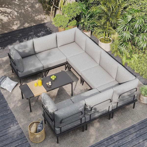 9-Piece Metal Patio Conversation Set with Coffee Table, Grey Cushions and Gray Frame