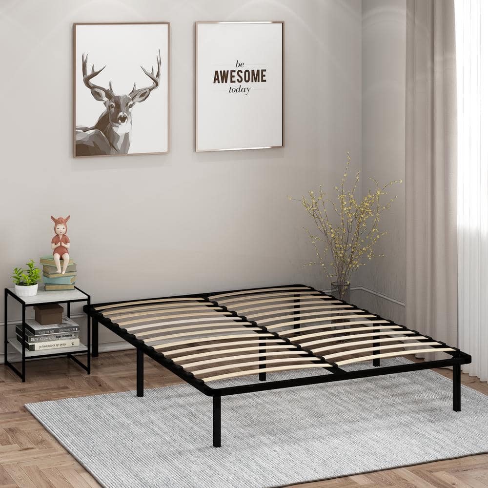 Furinno Cannet Queen Metal Platform Bed, Metal Bed Frame With Wooden Slats Queen