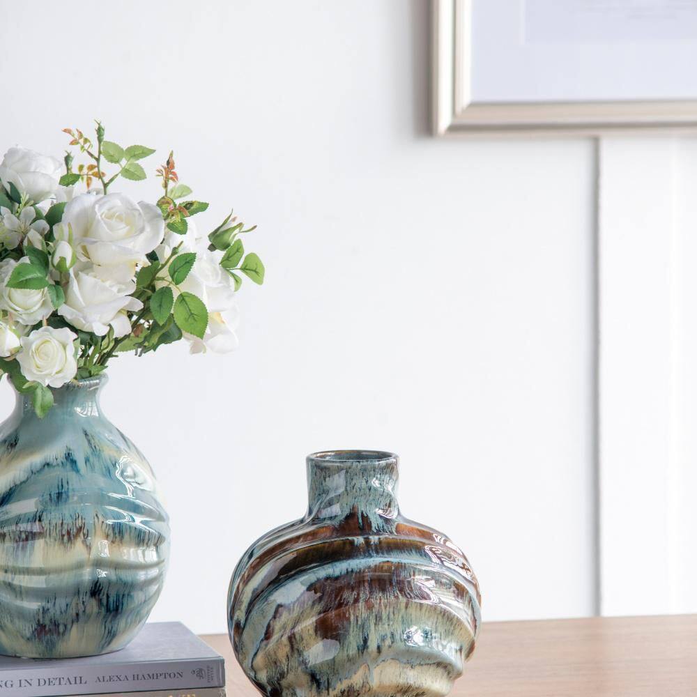 Myla Medium Ceramic Vase with Blue, Brown, and Ivory Reactive Glaze