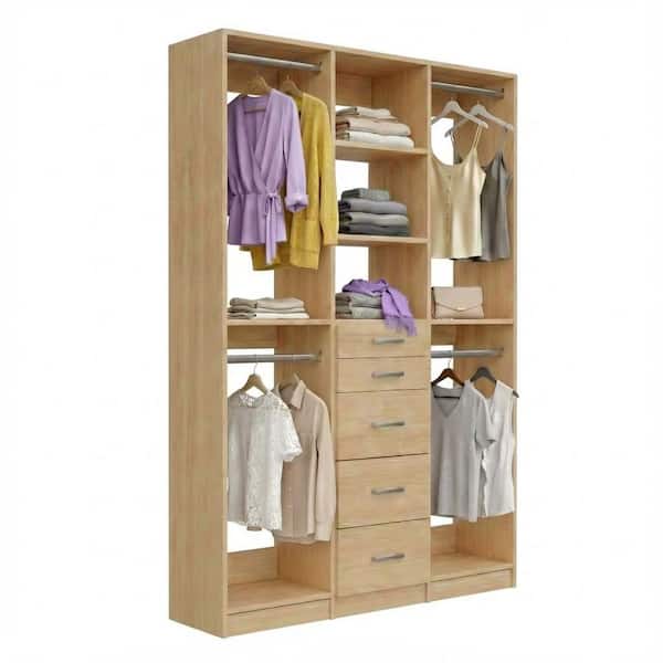 Alto Collection 105 in. W Oak Wall Mounted 2-Double Hang and 5-Drawer Closet Kit Wood Closet System