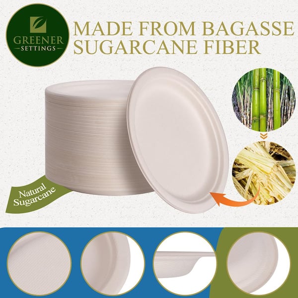 100% Compostable Paper Plates, Heavy Duty Disposable Plates [125-Pack] 9  Inch Plates - Eco-Friendly, Biodegradable Sugarcane Bagasse, Natural